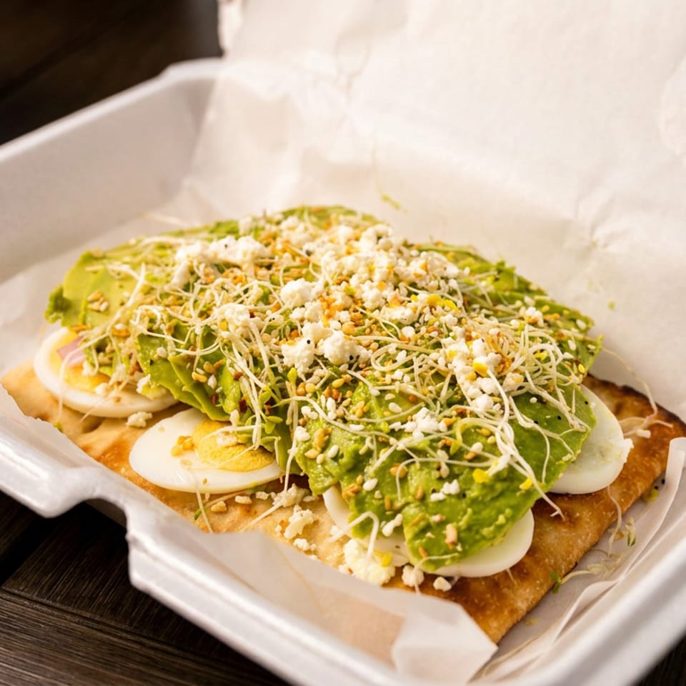Crispy tostadas topped with avocado, sliced eggs, sprouts, sesame seeds, and crumbled cheese in a takeout container.