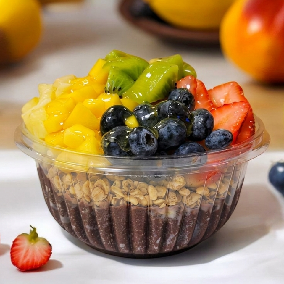 Layered chocolate dessert topped with granola and colorful mango, kiwi, blueberries, and strawberries, surrounded by fresh fruit.