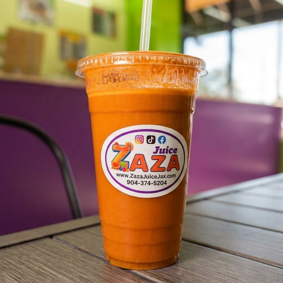 Orange smoothie in a branded Zaza Juice cup with straw, displayed on a restaurant table near bright windows.