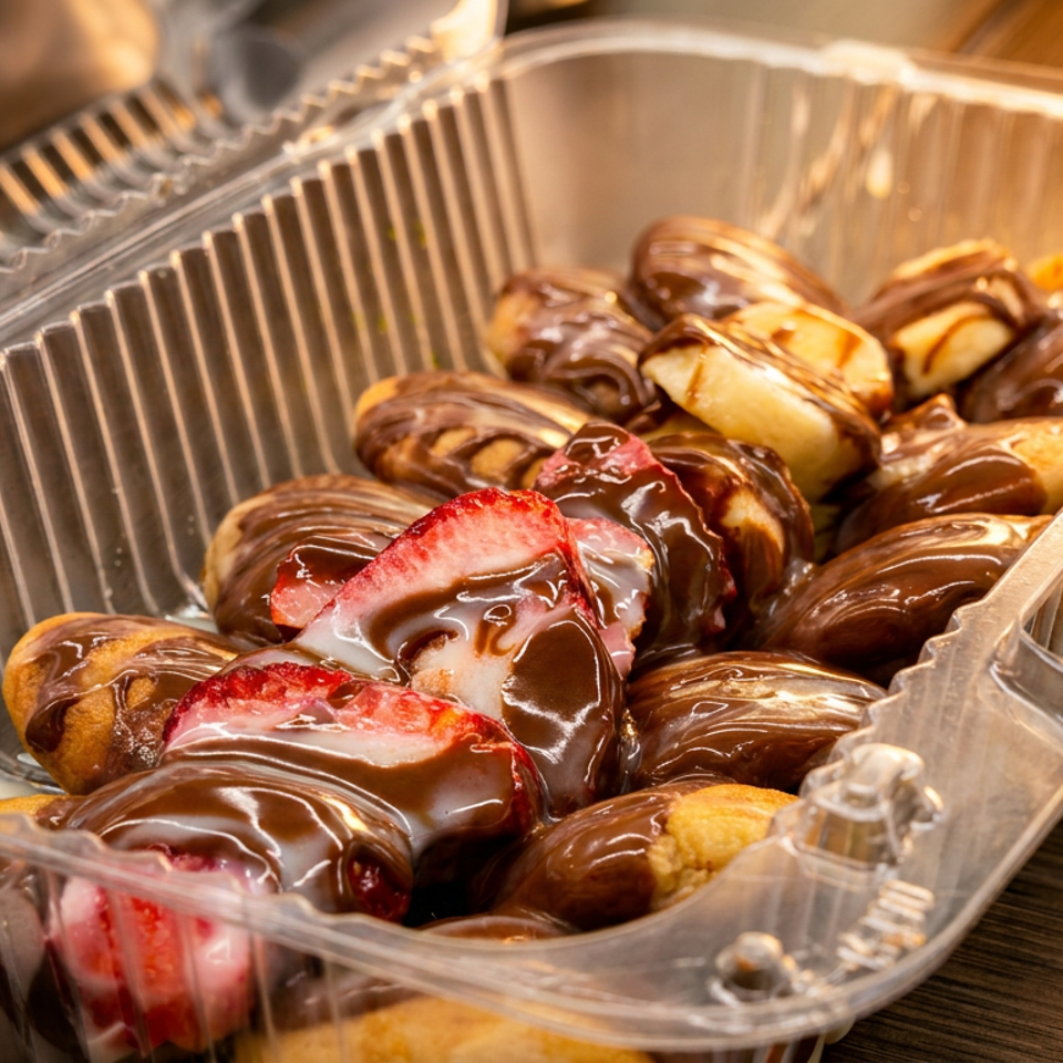 Clear container filled with chocolate-coated pastries, some topped with white icing and sliced strawberries, on a wooden counter.