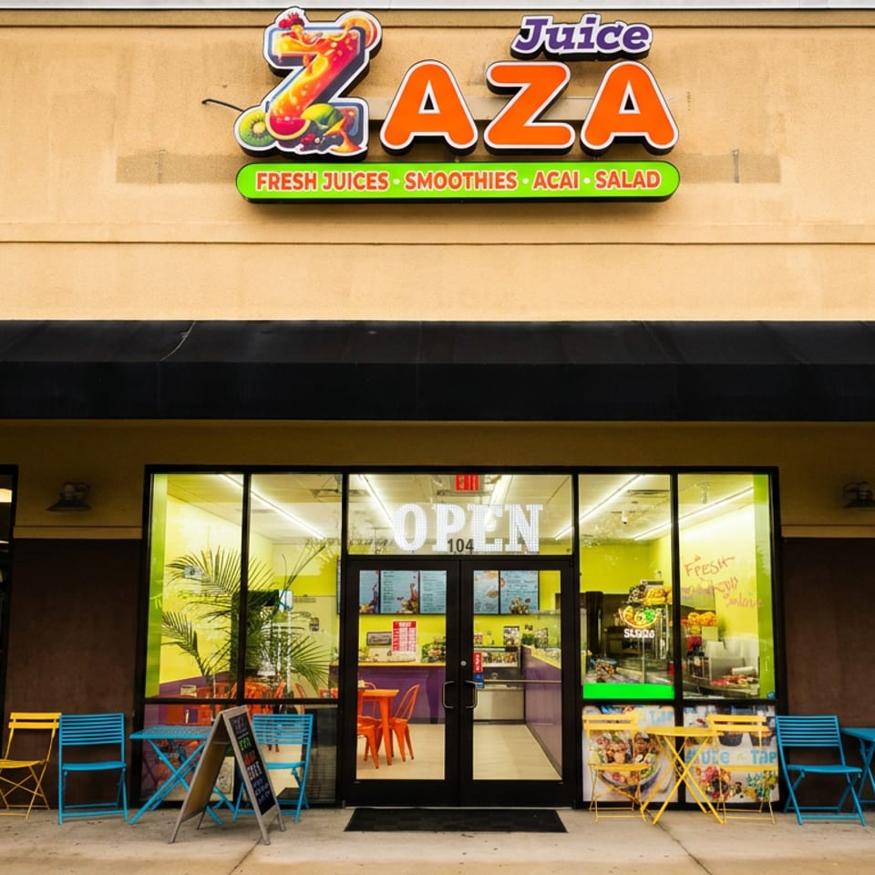 Zaza Juice storefront with colorful signage, bright interior, and yellow and blue outdoor café tables and chairs.