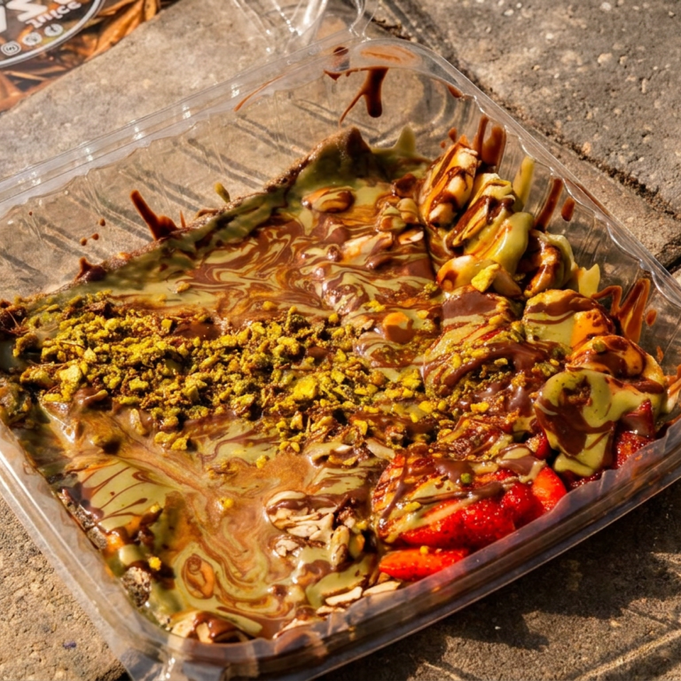 Takeout dessert topped with chocolate and pistachio sauces, crushed nuts, sliced fruit, and strawberries in a clear container.